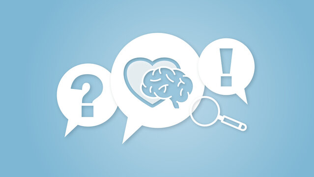 Mental health concept with brain and heart inside speech bubbles, question mark, exclamation mark, and magnifying glass on blue background, symbolizing psychological therapy and cognitive wellness.
