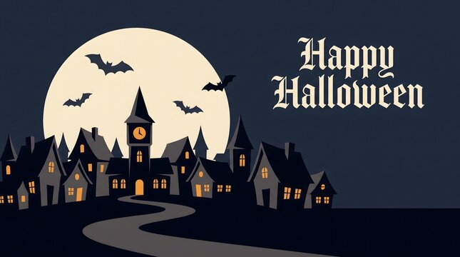 A spooky halloween night scene featuring silhouetted buildings a towering clock and a full moon with bats flying across the dark sky