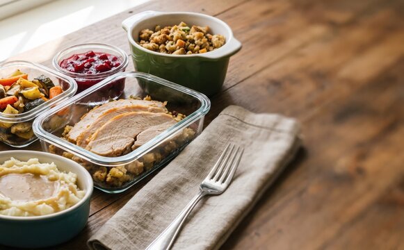 Thanksgiving meal prep containers with turkey slices, mashed potatoes, and stuffing on a wooden table, representing autumn holiday food and meal planning concepts