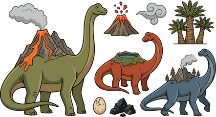 Cute Dinosaur Illustration Collection with Long Neck Dinosaurs, Volcanic Mountains, Palm Trees, Fossil Egg, Lava and Prehistoric Elements © Priyanka