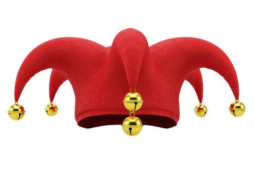Red jester hat with golden bells, six points, festive headwear isolated white background