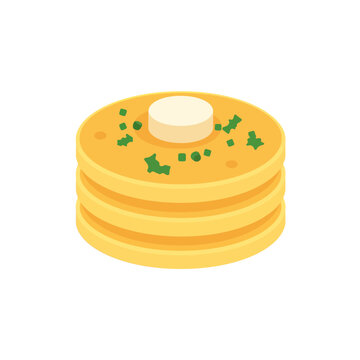 A stack of delicious golden pancakes topped with a melting pat of butter and fresh green herbs in a simple flat isometric vector illustration style isolated on transparent background, Vector