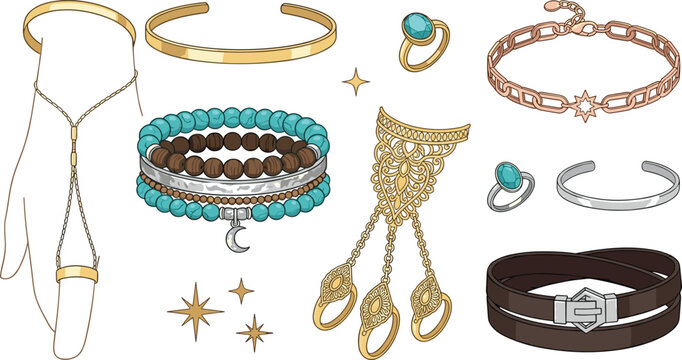 Elegant Jewelry and Fashion Accessories Collection with Bracelets, Rings, Headbands, Anklets, Belts, Beaded Chains, Charms and Decorative Ornaments