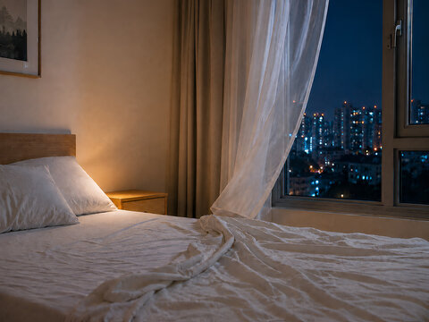 Warm Summer Night Bedroom with Open Window and City View