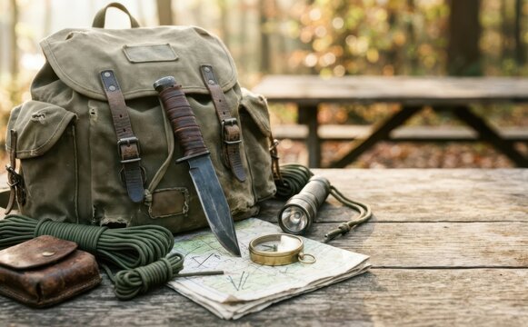 Camping backpack with survival gear knife compass and map on a wooden table ready for an outdoor adventure or hiking trip