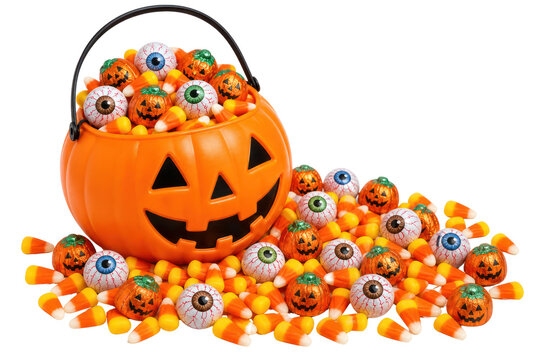 Halloween jack o lantern candy bowl, orange pumpkin bucket with eyeball donuts and candy corn party treat concept isolated PNG with Transparent Background