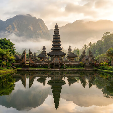 Ancient temple silhouette reflected in calm water