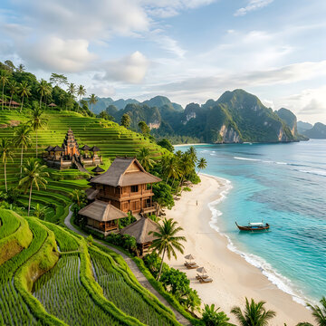 Tropical beach house near terraced rice fields
