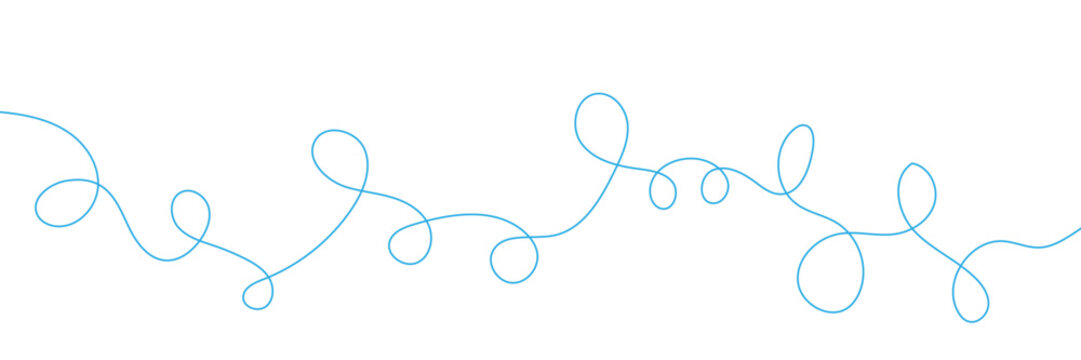 Minimalist blue scribble line vector, hand drawn curly doodle border, abstract light blue tangled thread divider for web design