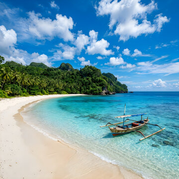 Tropical beach with anchored boat and palm trees