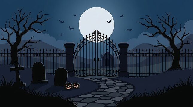 Haunted cemetery entrance with metal gates and tombstones at night