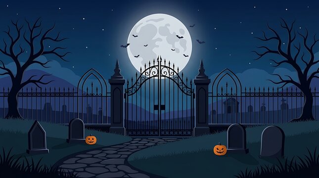 Spooky graveyard entrance with iron gates and full moon in the night sky
