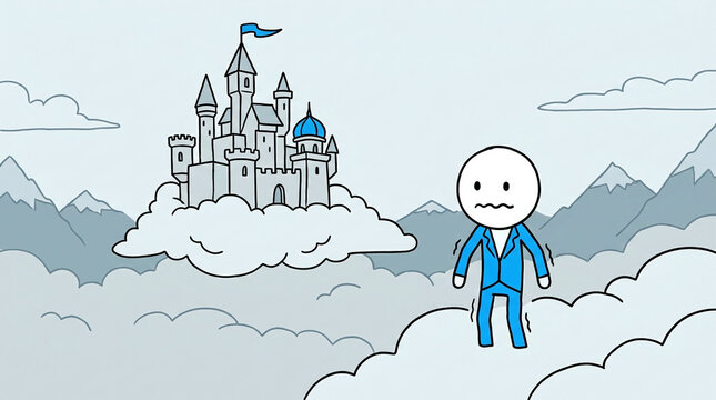 Nervous businessman standing on a cloud looking at a distant castle in the sky
