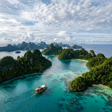 Scenic boat on turquoise waterway surrounded by green islands