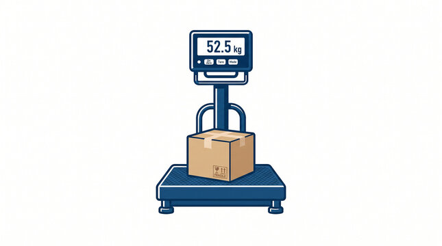 Accurate digital platform scale measuring the weight of a brown cardboard box, displaying 52.5 kilograms for efficient shipping and logistics management icon