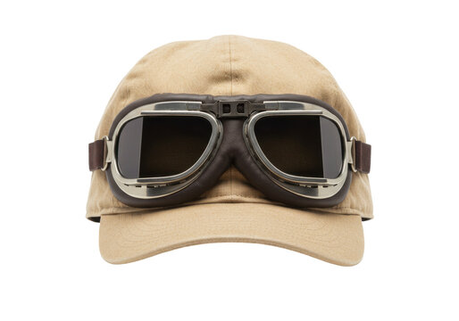 Vintage aviator goggles and cap, detailed view, brown leather and silver isolated white background