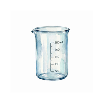 Watercolor illustration of a simple laboratory beaker with blue liquid