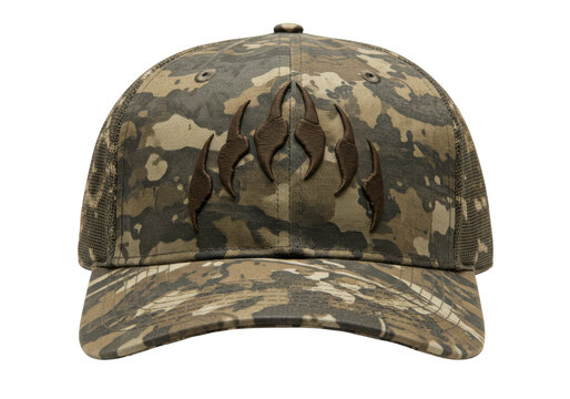 Camouflage baseball cap with dark brown claw design isolated white background