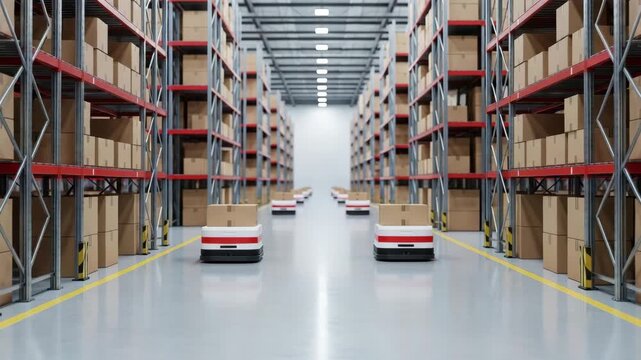Autonomous robots transporting cardboard boxes in a modern warehouse
