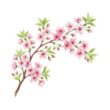 Watercolor Cherry Blossom Branch with Delicate Pink Flowers on White Background