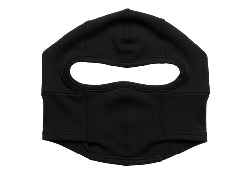 Black balaclava mask with oval eye opening and stitched seams isolated white background