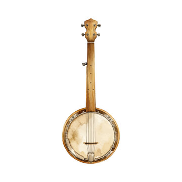 Watercolor banjo illustration, folk music instrument, artistic hand-painted style