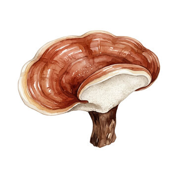 Watercolor Illustration of a Single Reishi Mushroom on White Background