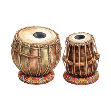 Watercolor Illustration of Indian Tabla Drums Pair