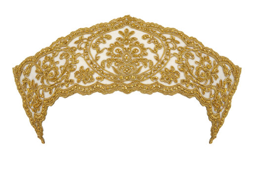 Ornate golden embroidered fabric with floral motifs and sparkling bead accents isolated white background