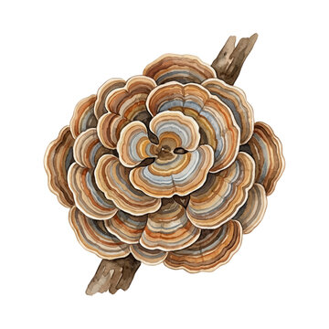 Watercolor Turkey Tail Mushrooms Cluster on White Background