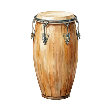Watercolor illustration of a Cuban conga drum, vibrant musical instrument with colorful paint splashes
