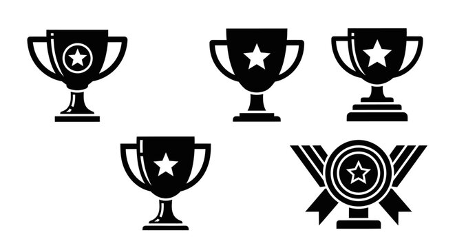Set of four distinct vector trophy icons representing first place achievement and success isolated on white background for use in sports awards and business competition graphics.
