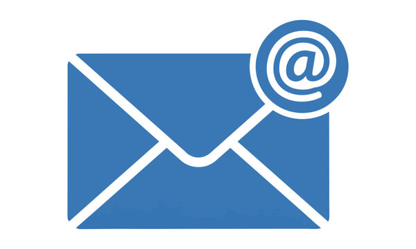 A royal blue and white flat email envelope icon with a circular at symbol badge isolated on a white background, modern digital communication concept