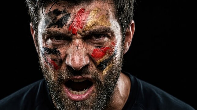 Furious football fan with painted face showing intense anger and determination