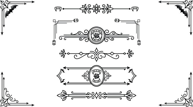 Elegant Halloween themed decorative borders with pumpkin and bat motifs transparent background