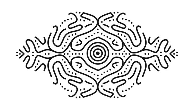 Symmetric tribal ornament with intricate black lines and dots on a white background representing traditional body art.