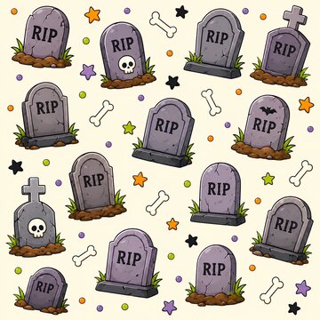 Spooky Halloween pattern featuring cartoon gravestones, RIP tombstones, bones, cemetery crosses, grass and colorful stars on a warm cream background.