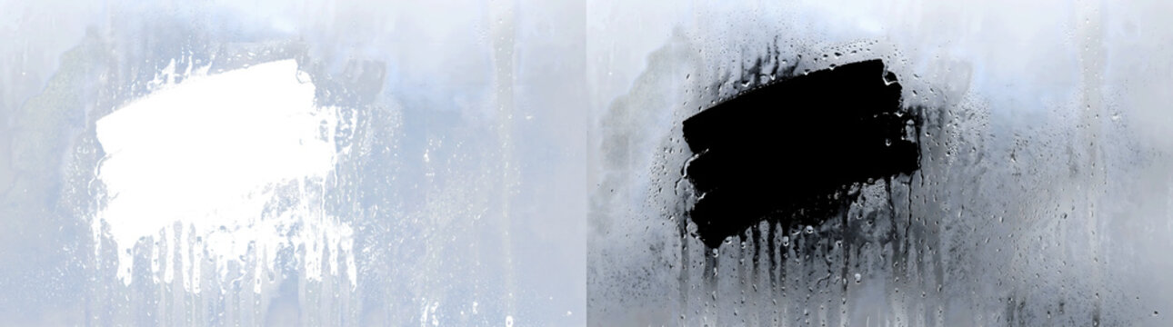 Wiped patch on foggy condensation glass reveals a clean streak amid dripping droplets styled for PNG, Transparent and Black Background Versions in use
