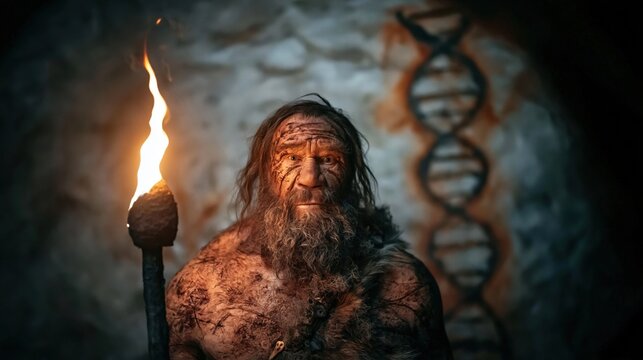 Caveman holding a torch with a blurred DNA background