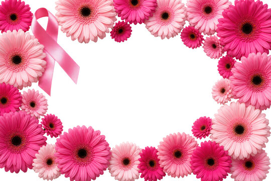 Pink gerbera daisy floral frame with ribbon, romantic flower border, feminine wedding and greeting card design isolated PNG with Transparent Background