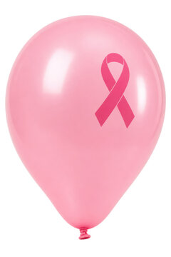Pink balloon with breast cancer awareness ribbon, charity support concept, glossy latex party decoration photo isolated PNG with Transparent Background
