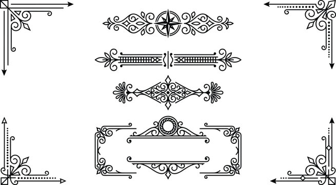 Elegant vintage decorative border elements with intricate floral and geometric designs