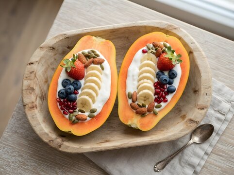 Halved papaya boats filled with yogurt and fresh fruits on wooden table