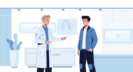 Fototapeta premium Doctor Explains Heart Health to Patient in Futuristic Medical Office