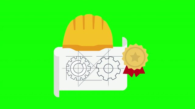 Engineering Blueprint with Gears, Safety Helmet and Achievement Medal for Construction, Manufacturing and Industrial Project Development