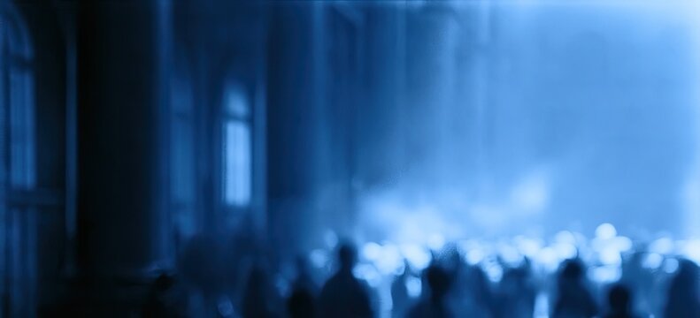 A crowd of shadowy figures drifts through a dimly lit, ethereal hall