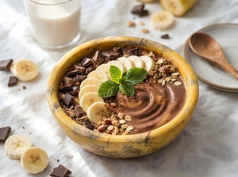 Chocolate banana smoothie bowl topped with granola slices and fresh mint leaves