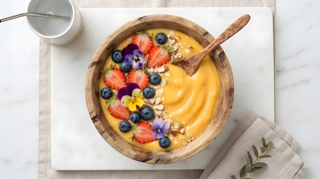 Yellow smoothie bowl topped with fresh strawberries blueberries edible flowers
