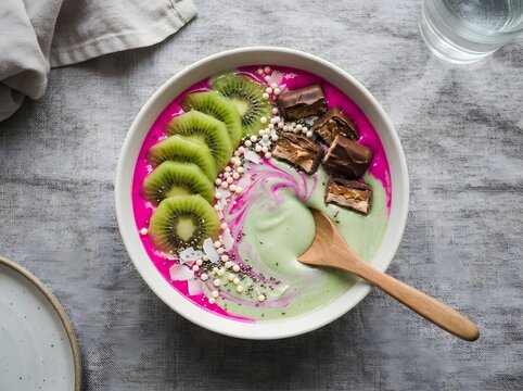 Pink and green smoothie bowl topped with sliced kiwi fruit and chocolate pieces