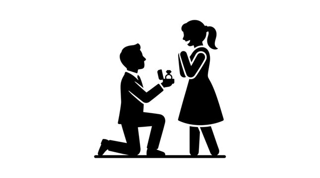 Silhouette illustration of a man proposing to a woman with a diamond ring.